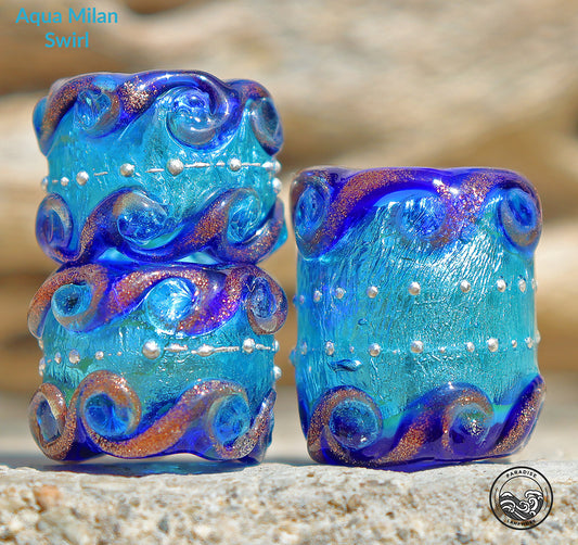 Aqua Milan Swirl Focal Set Lampwork Art Glass Charm Beads, Handmade Large Bead Holes for Show Leads, Dreadlocks, Jewelry Design