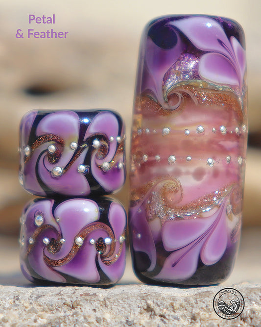 Petal & Feather Focal Set Lampwork Art Glass Charm Beads, Handmade Large Bead Holes for Show Leads, Dreadlocks, Jewelry Design