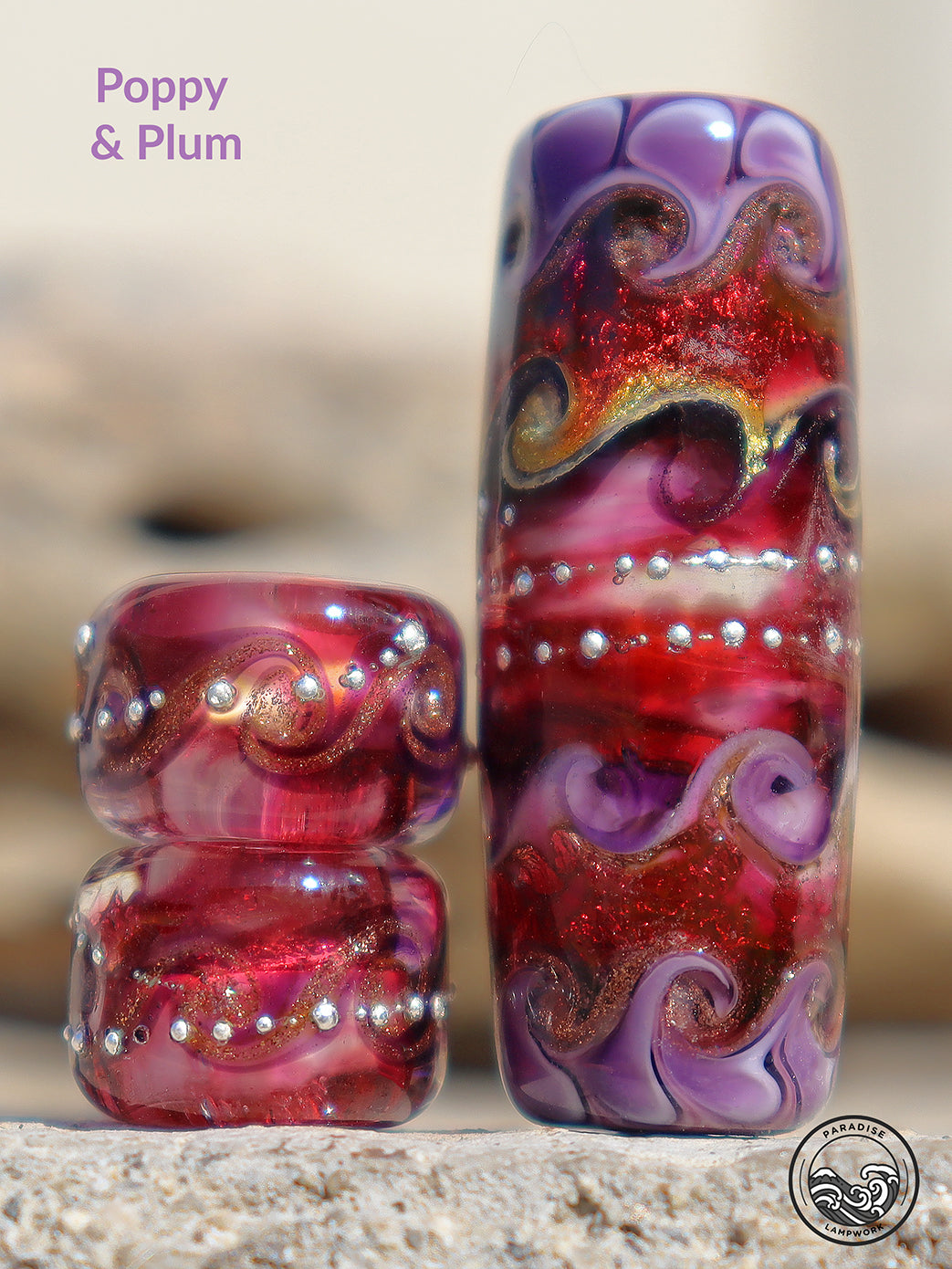 Poppy & Plum Focal Set Lampwork Art Glass Charm Beads, Handmade Large Bead Holes for Show Leads, Dreadlocks, Jewelry Design