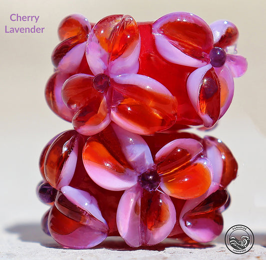 Cherry Lavender Lampwork Art Glass Charm Bead Pair, Handmade Large Bead Holes for Show Leads, Dreadlocks, Jewelry Design