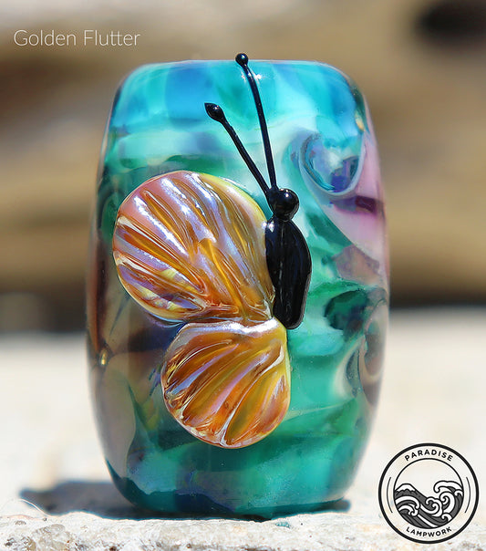 Golden Flutter Lampwork Art Glass Charm Bead, Handmade Lampwork, Large Bead Holes for Show Leads, Dreadlocks, Jewelry Design