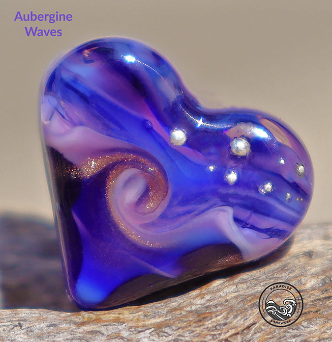 Aubergine Waves Lampwork Heart Bead, Handmade Glass Art Bead for Jewelry design