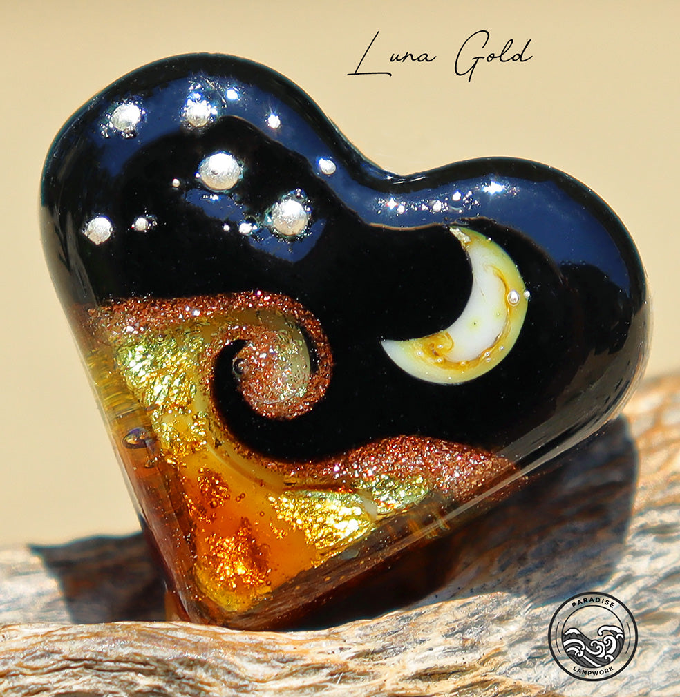 Luna Gold Lampwork Heart Focal Bead, Handmade Glass Art Beads for Jewelry design