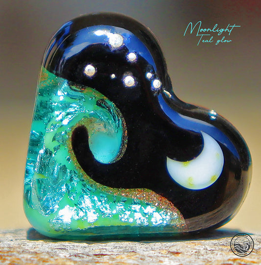 Moonlight Teal Glow Heart Focal Bead, Handmade Glass Art Beads for Jewelry design