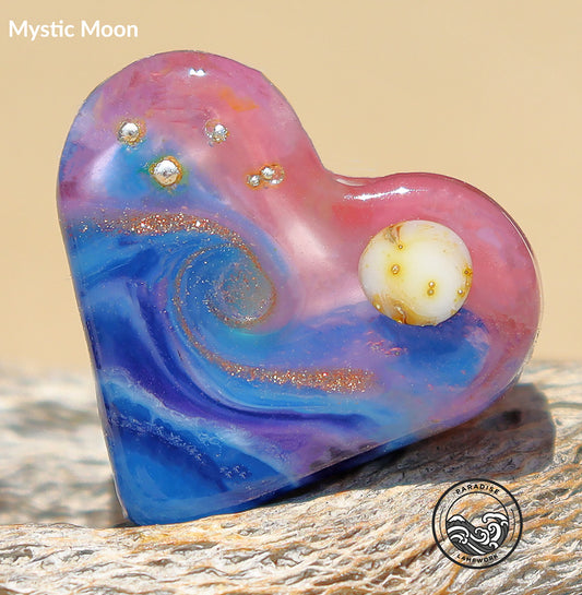 Mystic Moon Lampwork Heart Bead, Handmade Glass Art Beads for Jewelry design