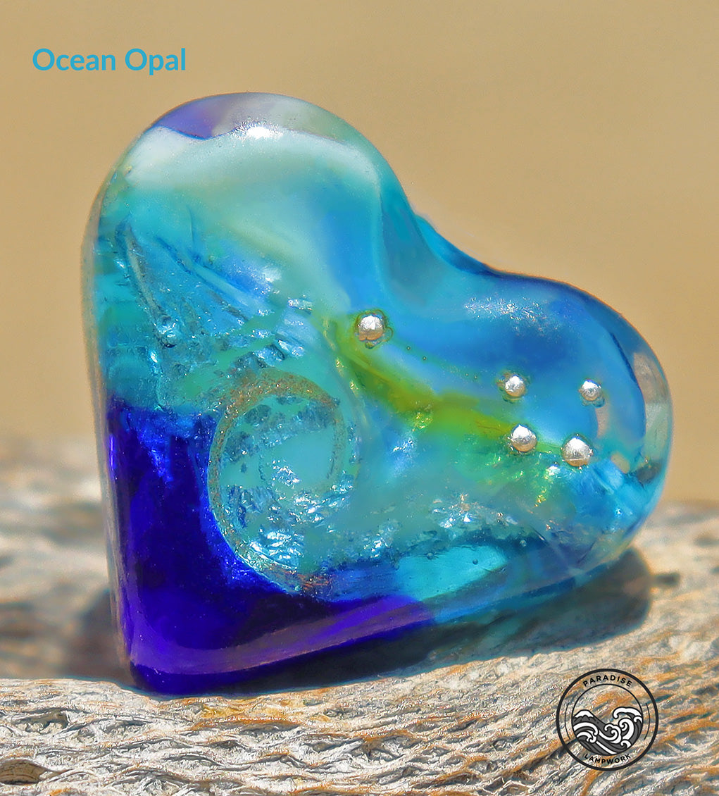 Ocean Opal Lampwork Heart Bead, Handmade Glass Art Bead for Jewelry Design