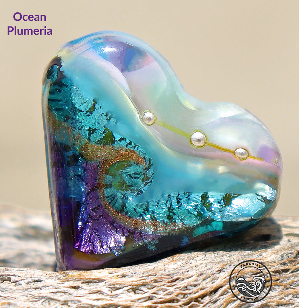 Ocean Plumeria Lampwork Heart Bead, Handmade Glass Art Bead for Jewelry Design