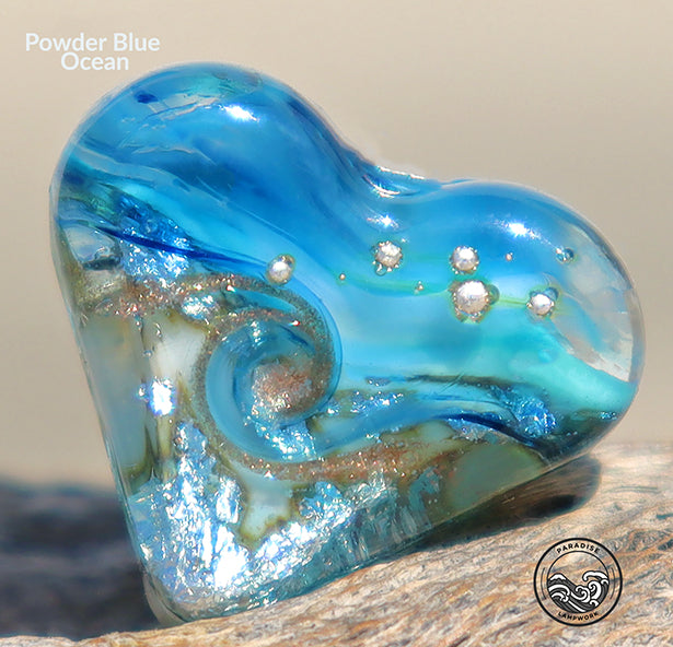 Powder Blue Ocean Lampwork Heart Bead, Handmade Glass Art Bead for Jewelry design