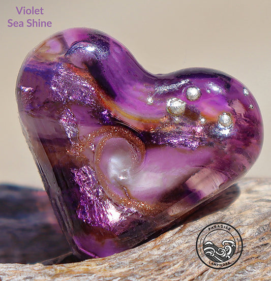 Violet Sea Shine Lampwork Heart Bead, Handmade Glass Art Bead for Jewelry Design