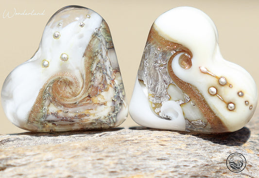 Wonderland Lampwork Heart Bead Pair, Handmade Glass Art Beads for Jewelry design