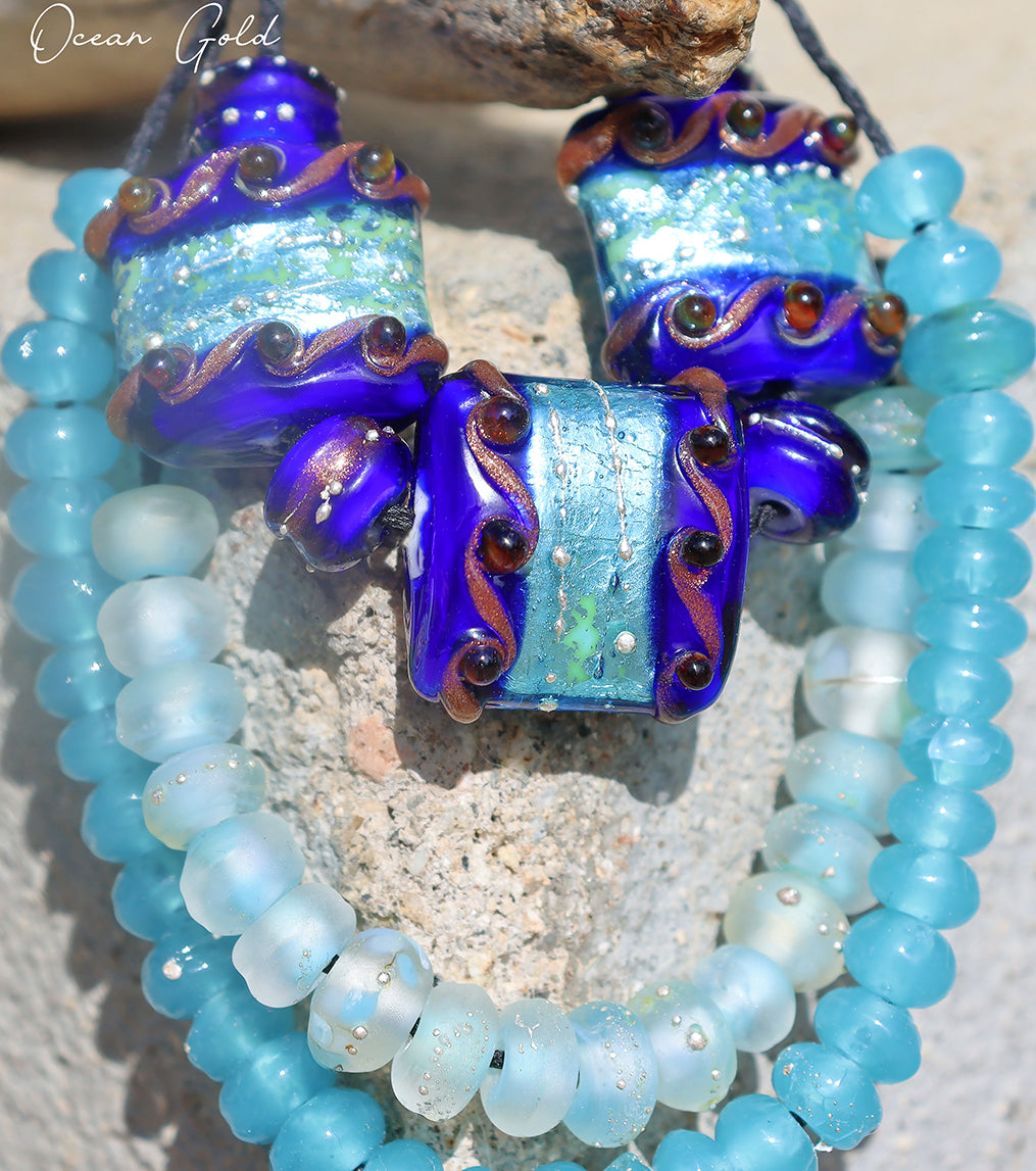 OCEAN GOLD Bead Set, Handmade Glass Lampwork for Jewelry Design