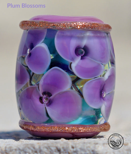 Plum Blossoms Lampwork Art Glass Charm Bead, Handmade Lampwork, Large Bead Holes for Show Leads, Dreadlocks, Jewelry Design