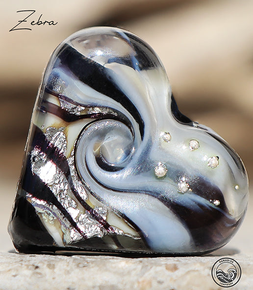 Zebra Lampwork Heart Bead, Handmade Glass Art Beads for Jewelry design